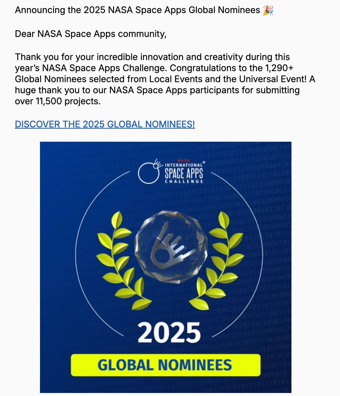 NASA Space Apps Global Nominees 2025